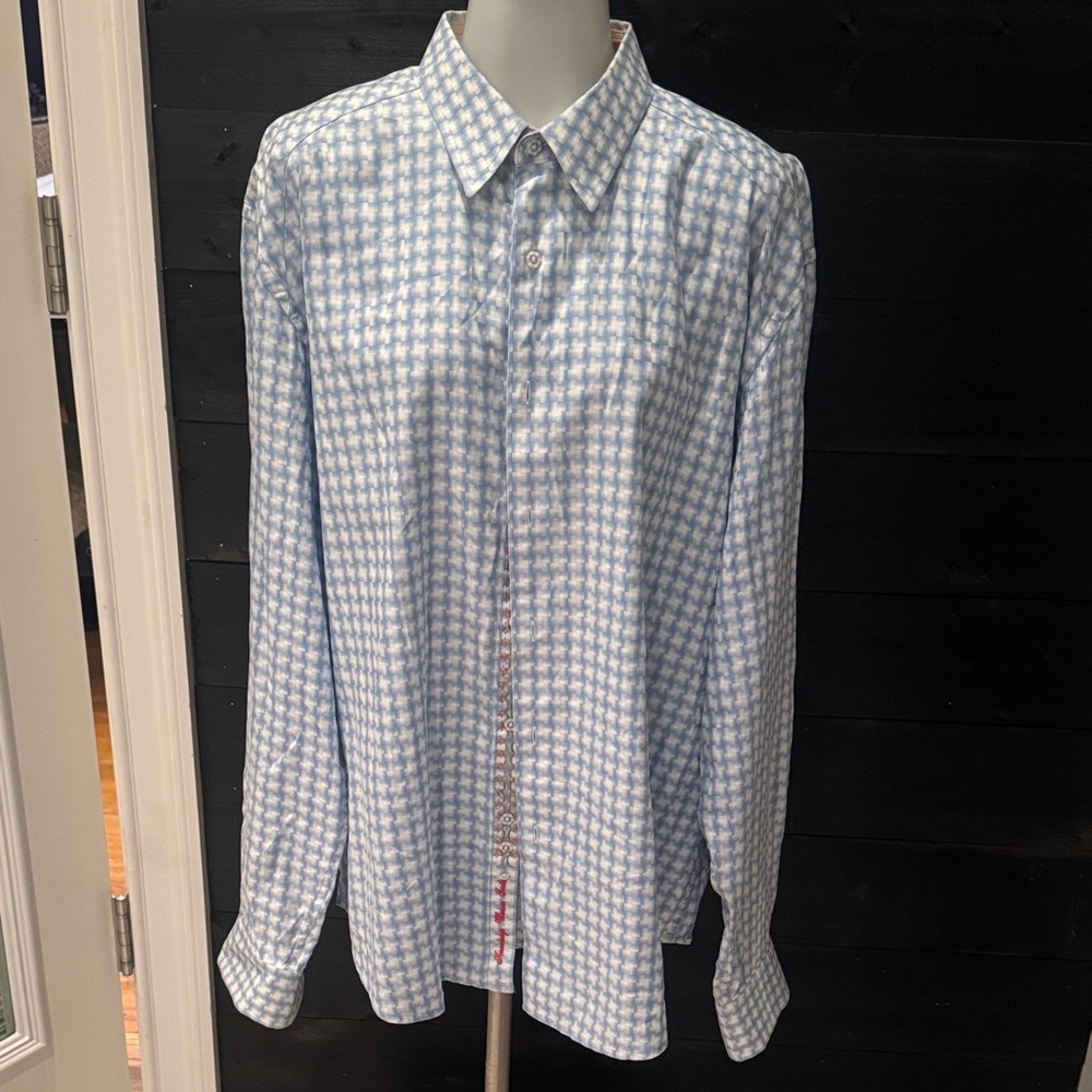 Robert Graham Gingham Plaid Blue White Long Sleeve Button Up Shirt Men's 2XL